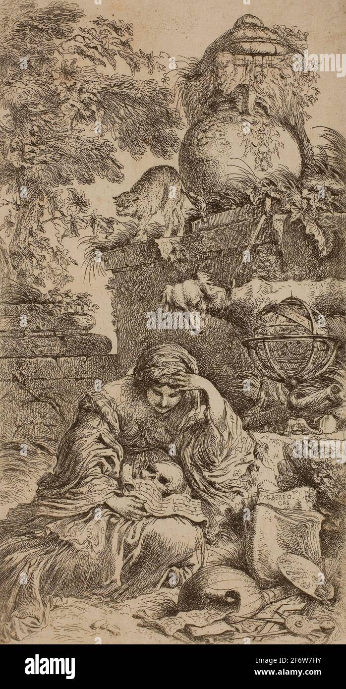 Author: Giovanni Benedetto Castiglione. Melancholia - before 1647 - Giovanni Benedetto Castiglione Italian, 1609-1664. Etching on ivory laid paper. Stock Photo