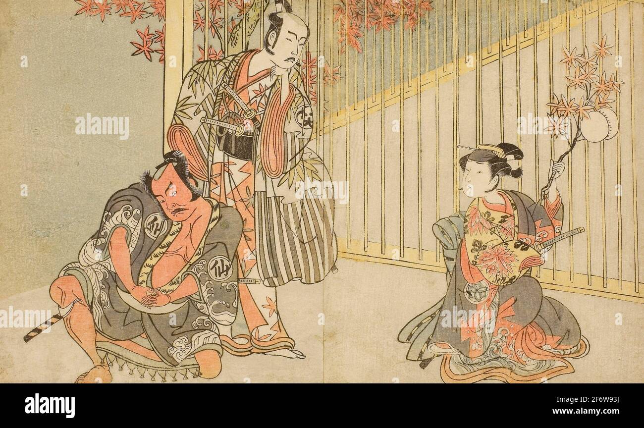 Author: Katsukawa Shunsho. The Actors Yamashita Kinsaku II as Mutsuhana (right), Bando Mitsugoro I as Kashiwagi no Emon (center), and Nakamura Stock Photo