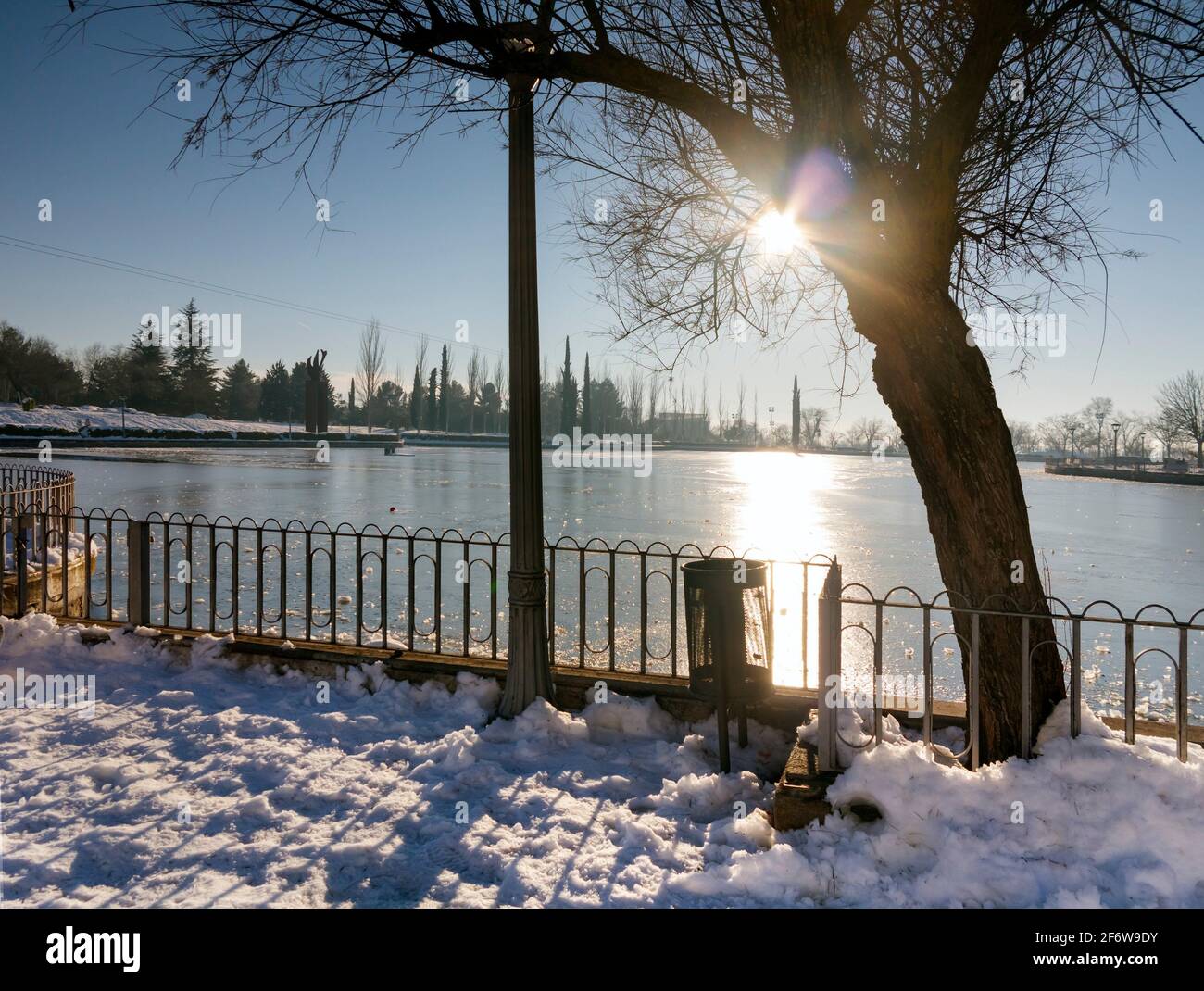 Snow and ice on the pool of Juan Carlo I park in Pinto. Madrid. Spain. Europe. Stock Photo