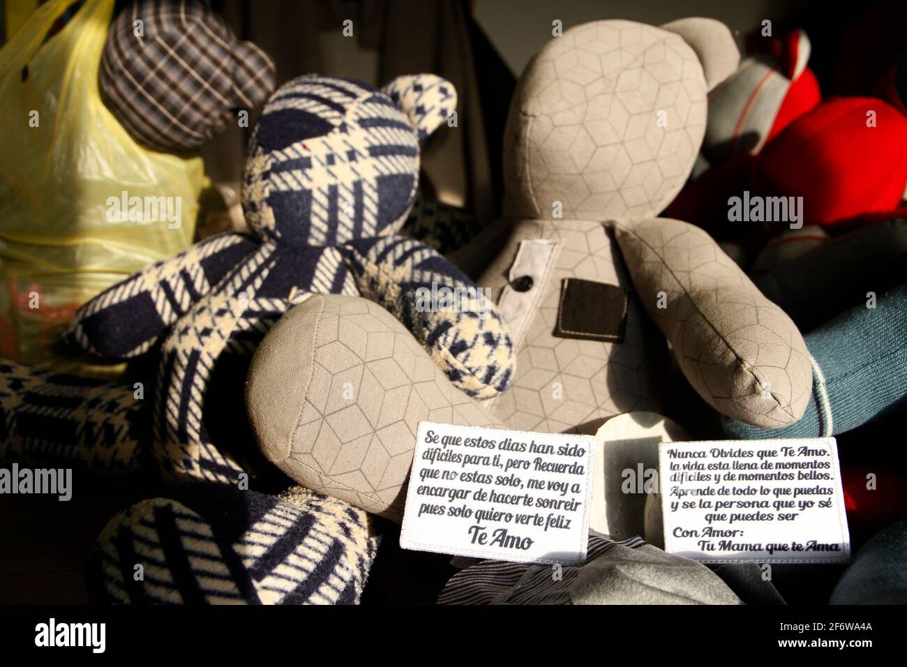 The fashion designer, Irma de la Parra, manufactures a teddy bear made with  the garments of a victim, who lost the battle against Covid19, 250 teddy  Bears of Remembrance have been delivered.