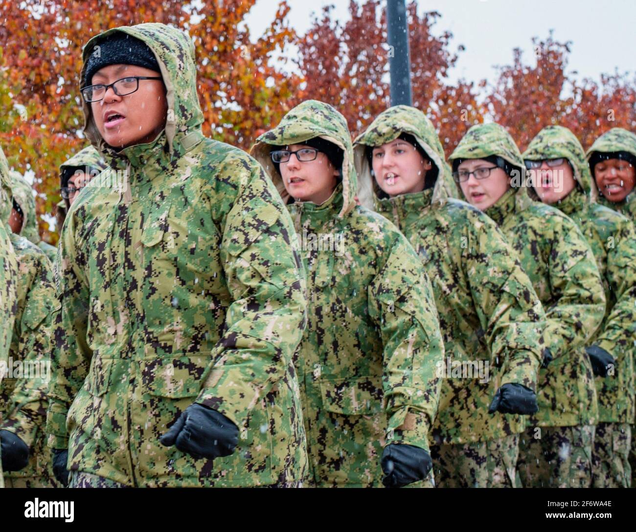 GREAT LAKES, Ill. (Nov. 15, 2018) Recruits march in formation at Recruit Training Command. More than 30,000 recruits graduate annually from the Stock Photo