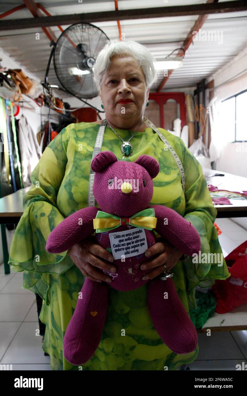 The fashion designer, Irma de la Parra, manufactures a teddy bear made with  the garments of a victim, who lost the battle against Covid19, 250 teddy  Bears of Remembrance have been delivered.