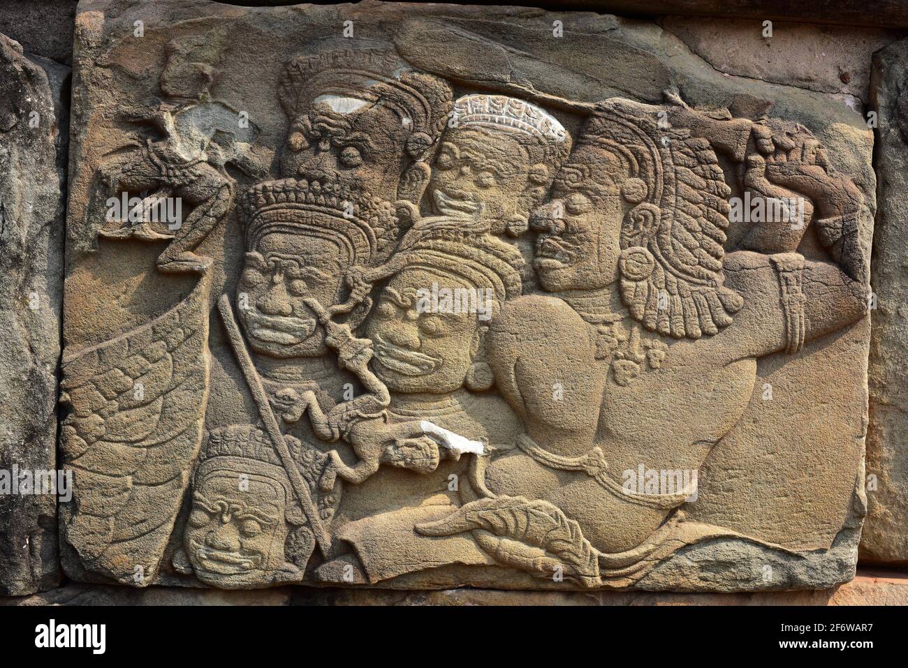 Bakong, Roluos Group. Khmer Empire, 9th century. Relief. Siem Reap, Cambodia. Stock Photo