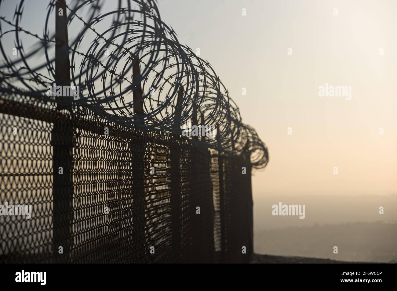 razor wire chain link fence with shallow depth of field Stock Photo