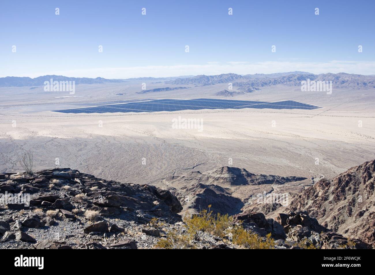 550 MW Desert Sunlight Solar Farm viewed from the Coxcomb Mountains in the California Mojave Desert Stock Photo