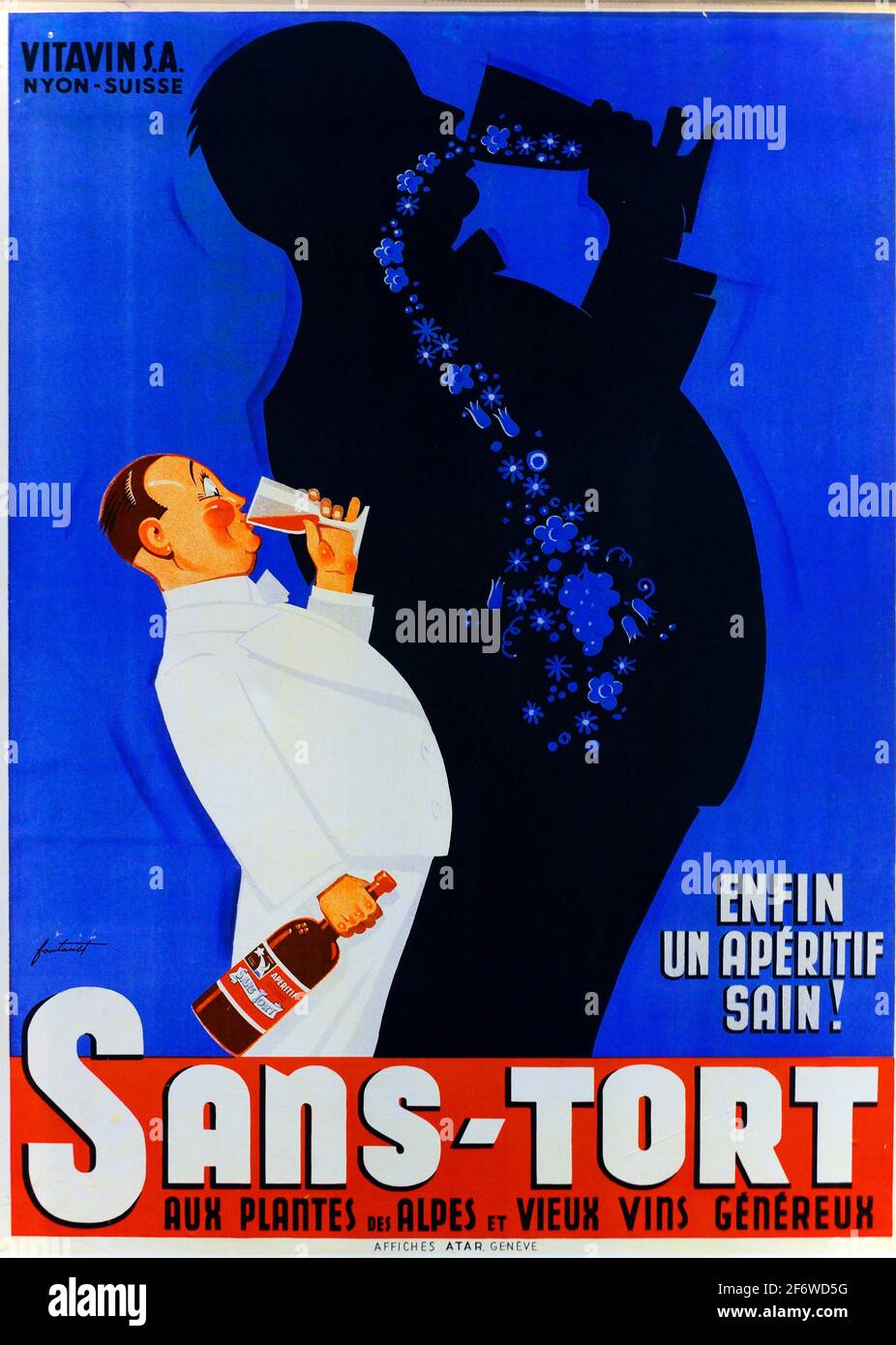 Vintage poster 'Sans-tort' from around 1937 by Swiss artist Noël Fontanet ' finally a healthy aperitif ' promoting natural and virtuous aperitif Stock Photo