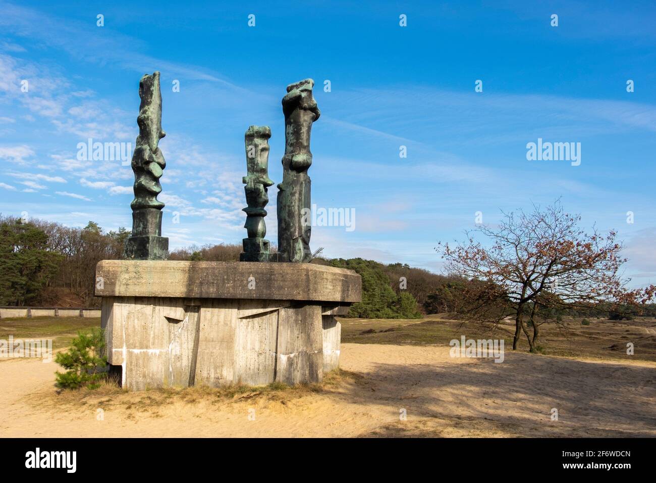 Series of tall standing sculptures: Three upright motives by Henry Moore, Otterlo, The Netherlands, Europe. Stock Photo