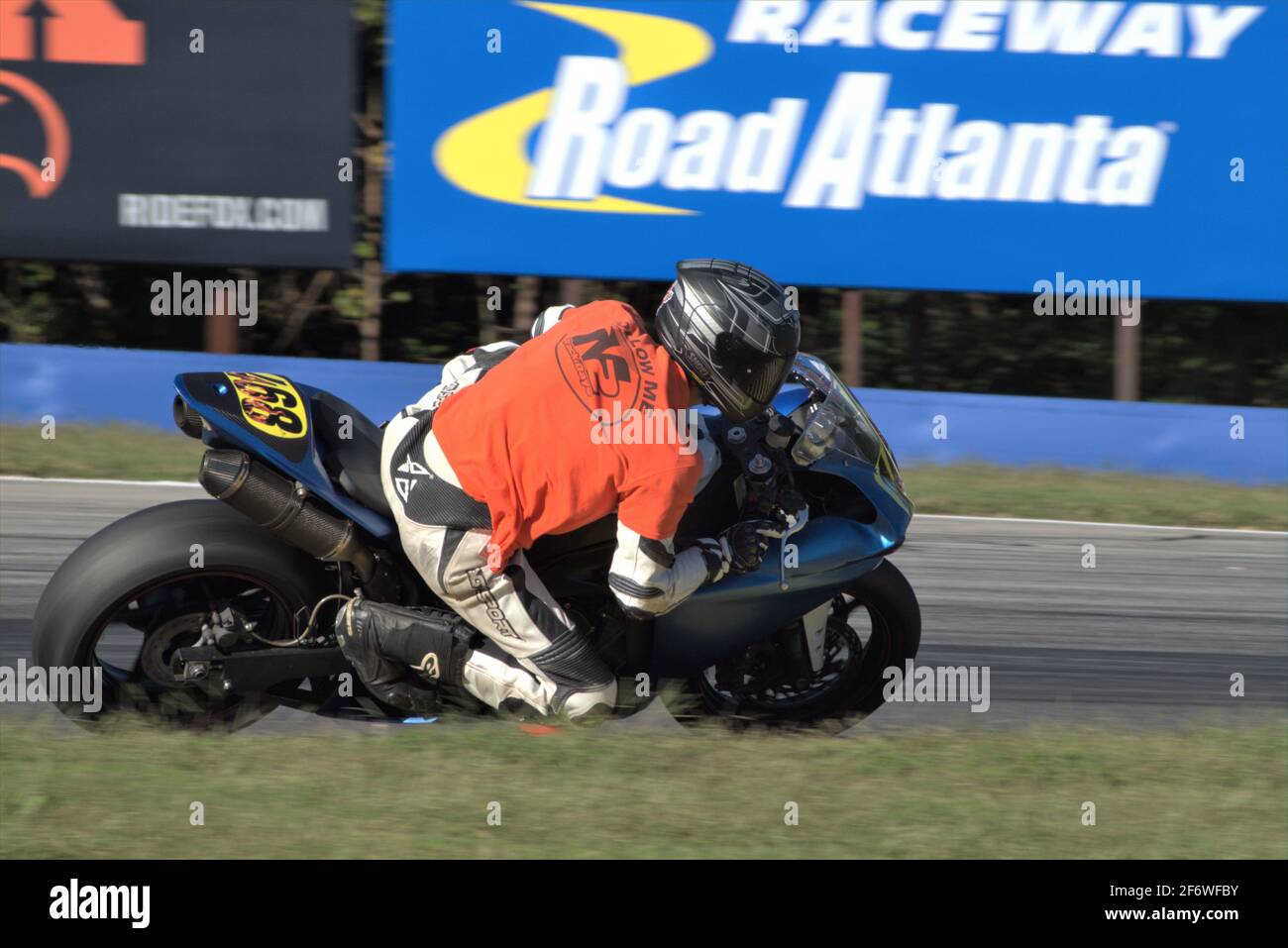 N2 Track Days Control Rider rides through turn 7 at Michelin Speedway Road Atlanta in October 2020 in preparation for the rescheduled WERA Cycle Jam. Stock Photo