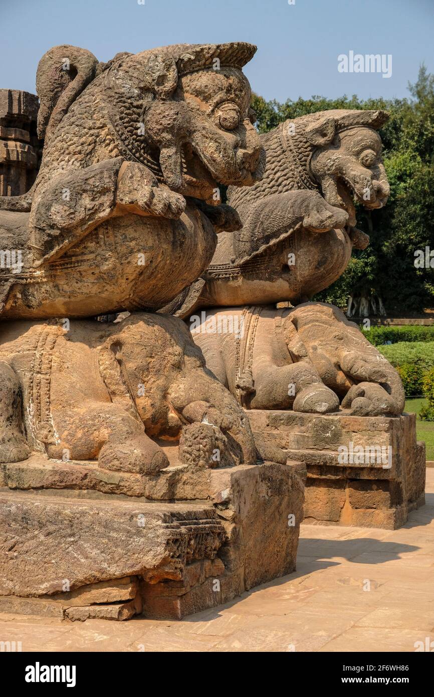 Detail of the Sun Temple was built in the 13th century and designed as a gigantic chariot of the Sun God, Surya, in Konark, Odisha, India. Stock Photo