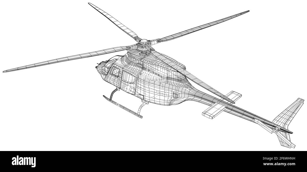 Flying helicopter. EPS10 format. Wire-frame Vector created of 3d. Helicopter isolated on the white background Stock Vector