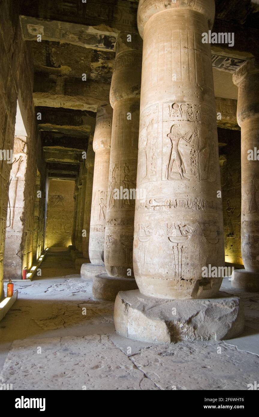 View of the First Hypostyle Hall in the Temple of Seti I at Abydos, Egypt. The Temple is believed to be on the burial site of Osiris, the ancient egyp Stock Photo