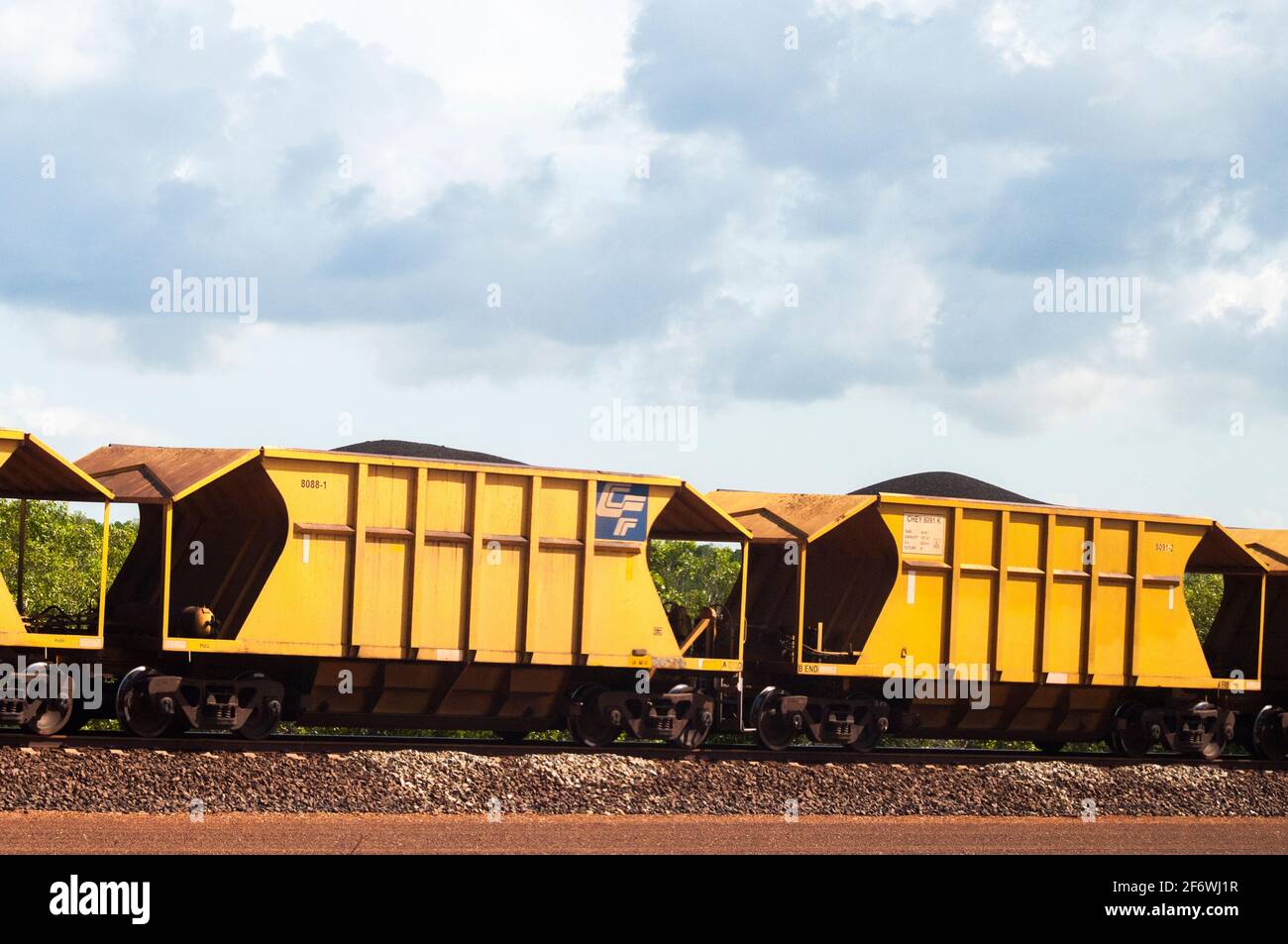 Freight cars of The Ghan transcontinental railway at Berrimah Terminal outside Darwin, Northern Territory, Australia Stock Photo
