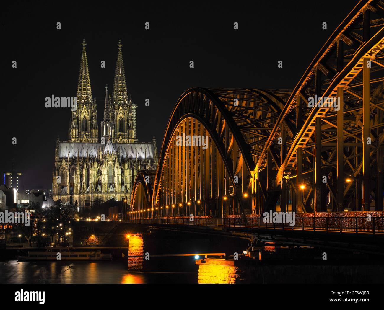 View from Cologne Deutz to Cologne Cathedral and Hohenzollernbridge across the Rhine Stock Photo