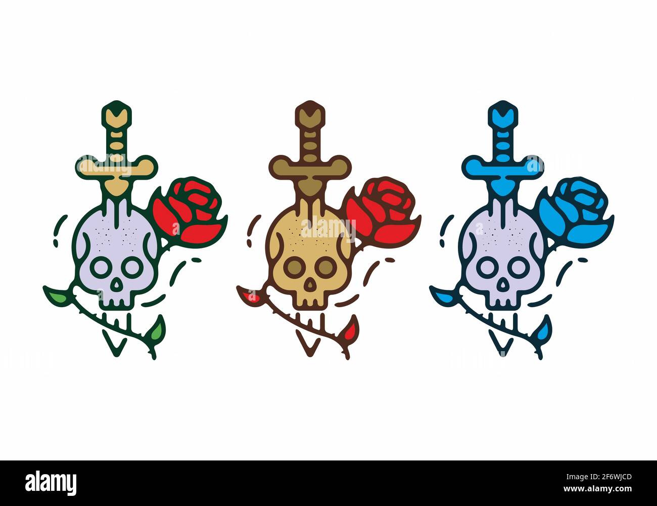 Skull sword and rose colorful tattoo set design Stock Vector Image ...