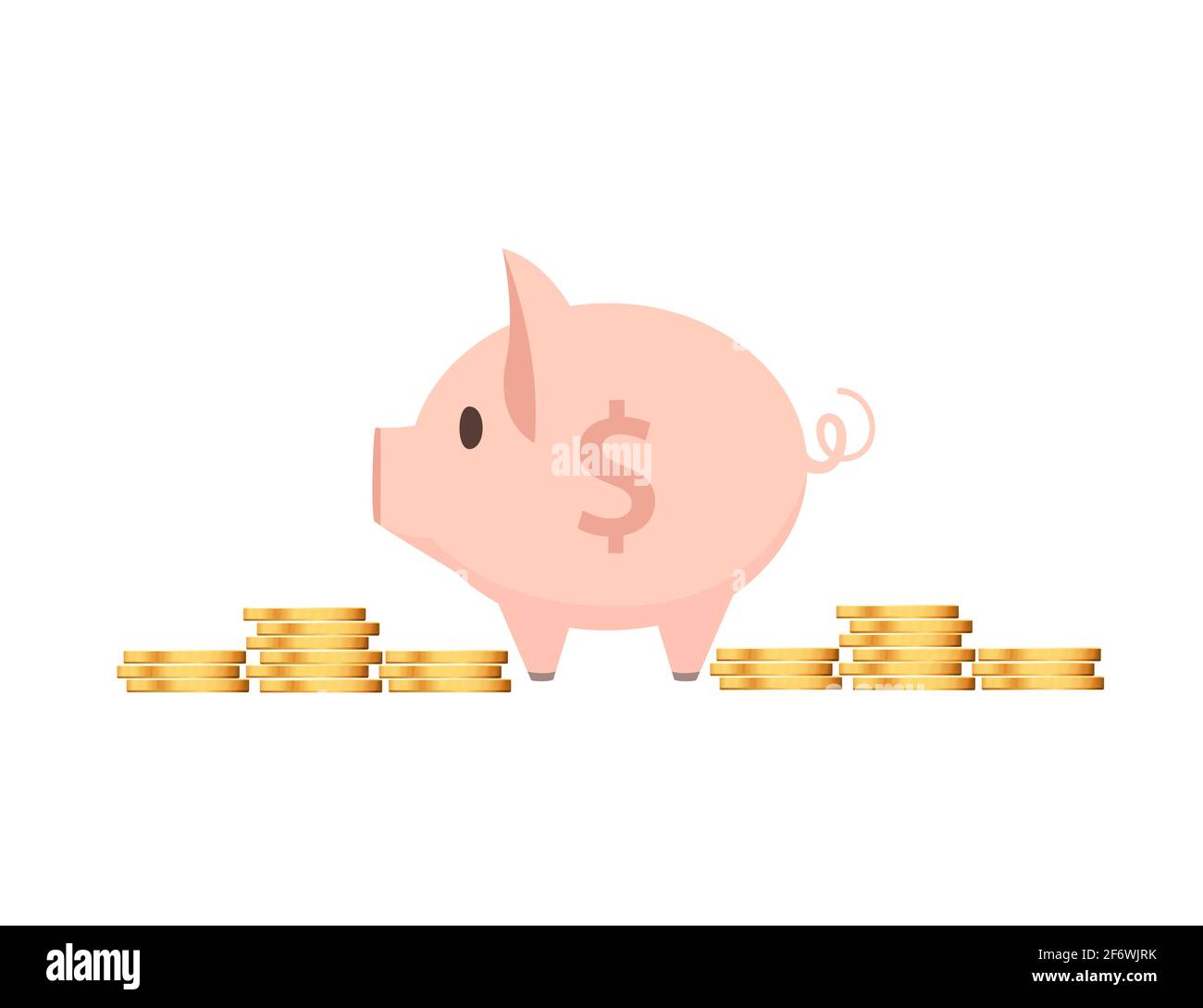 Pink piggy bank with stack of golden coins vector illustration on white ...
