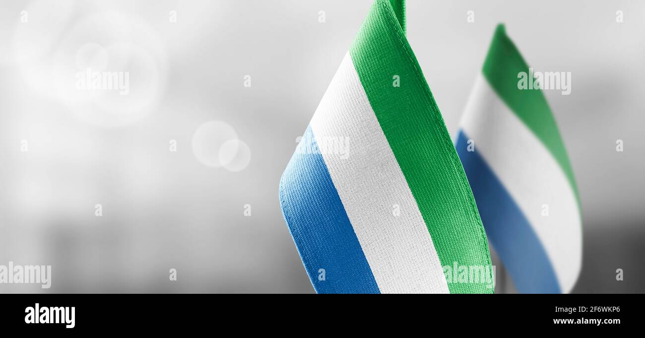 Small national flags of the Sierra Leone on a light blurry background ...