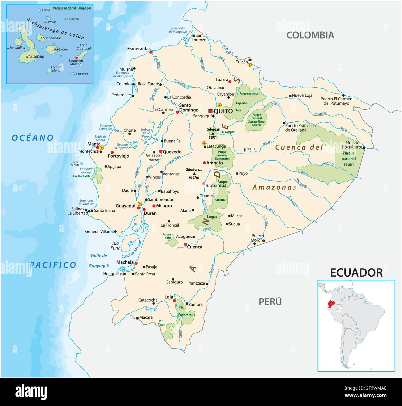 vector map of the republic of ecuador Stock Vector