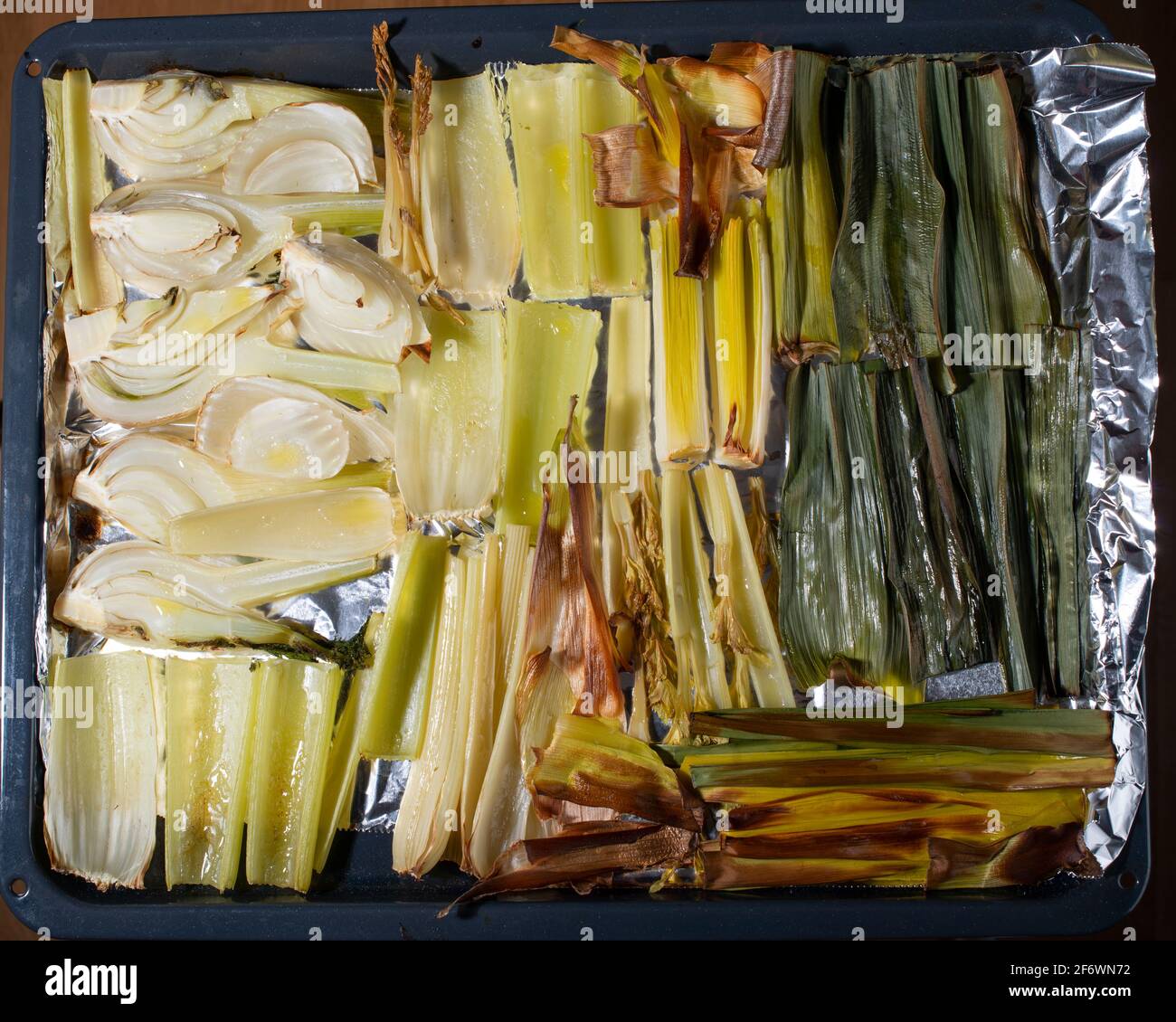 Roasted fennel and celery on sheet pan. Top view. Concept of healthy
