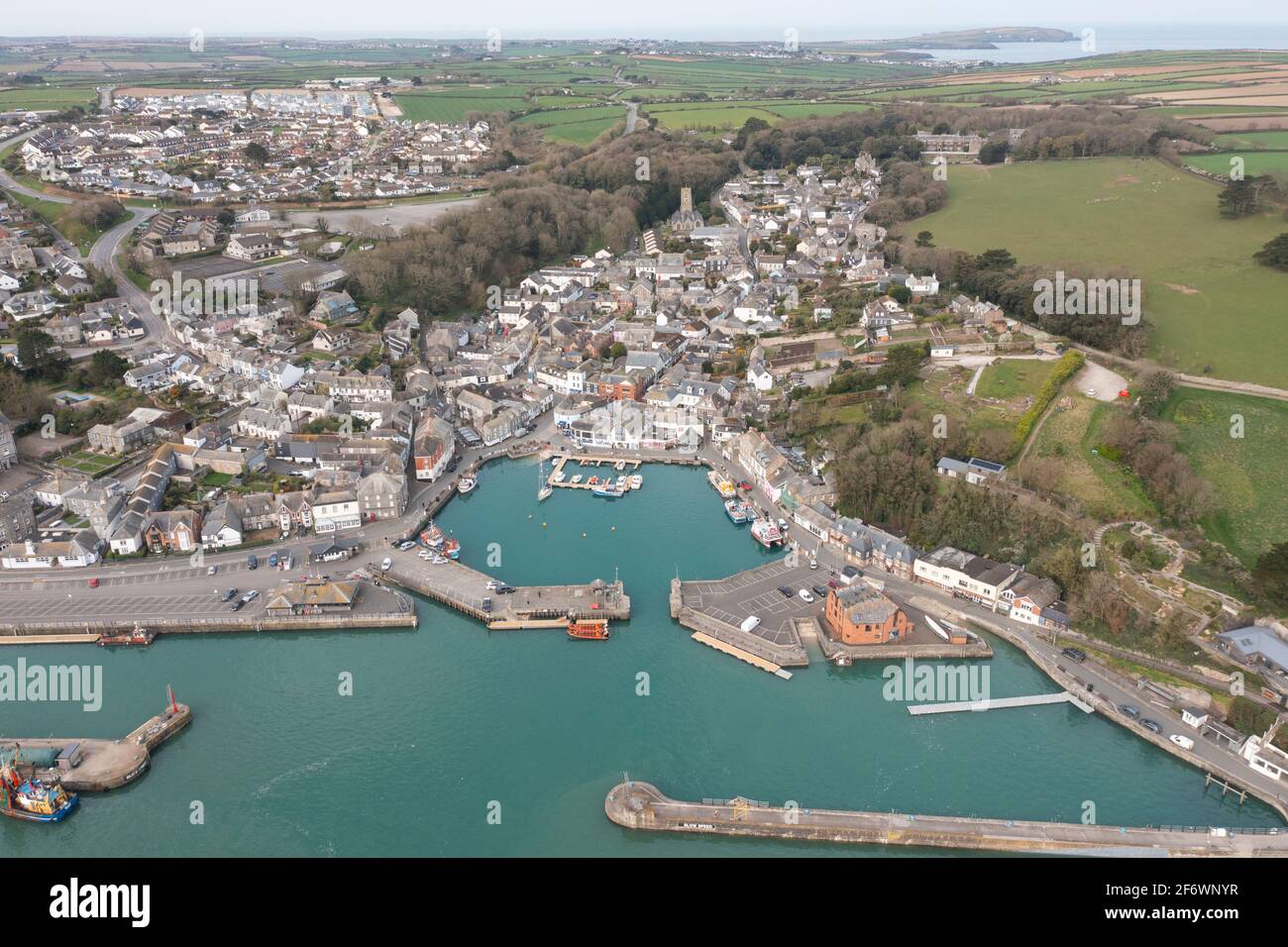 The Beautiful North Coast of Cornwall captured from the air on a sunny day. Stock Photo