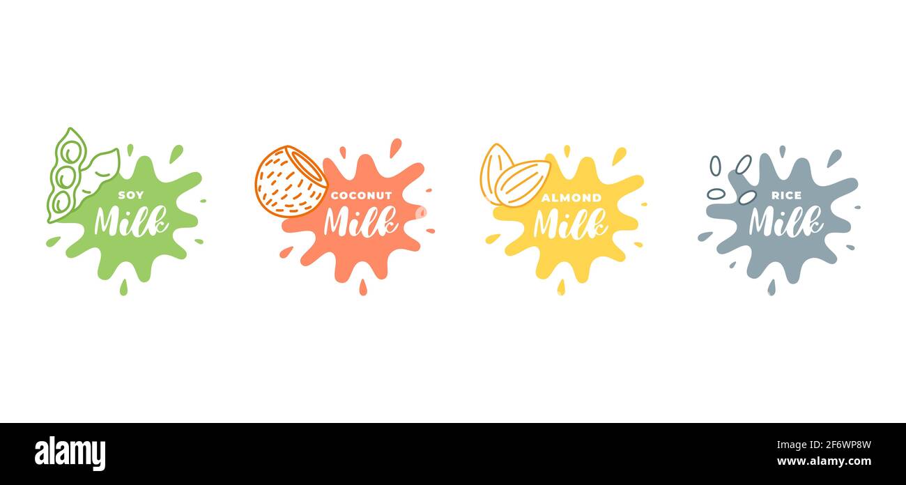 Soy, almond, coconut and rice milk logotype set in splash form with drops. Packaging badge design element set. Hand drawn healthy vegan eco drinks labels. Isolated logo collection vector illustration Stock Vector