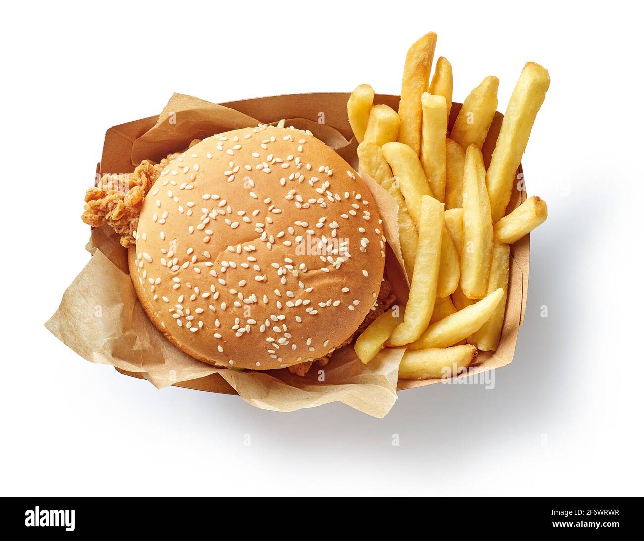 https://c8.alamy.com/comp/2F6WRWR/fresh-tasty-burger-and-french-fries-in-paper-box-isolated-on-white-background-top-view-2F6WRWR.jpg