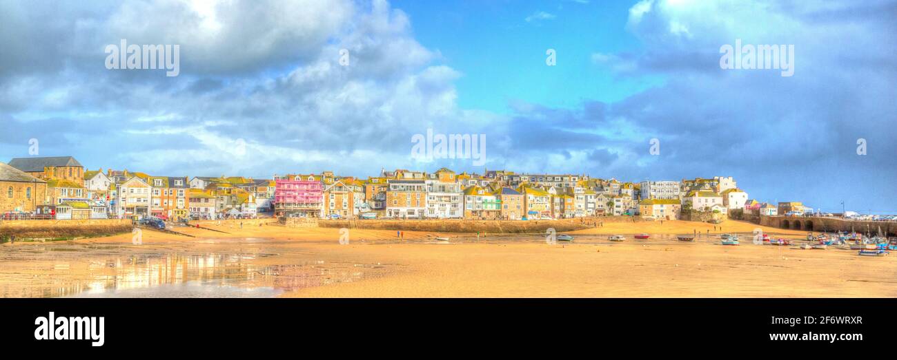 St Ives Cornwall uk harbour in bright colourful hdr at low tide Stock Photo