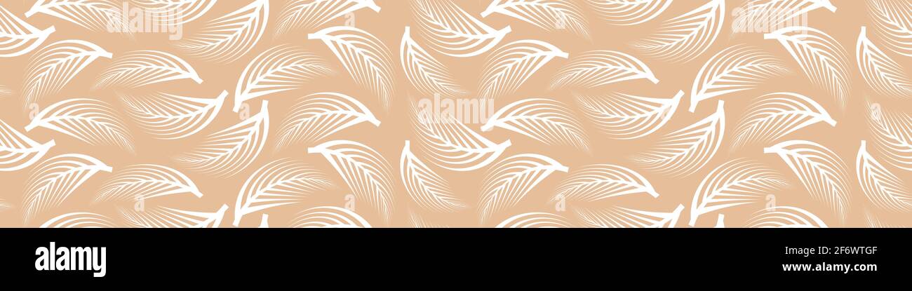 Abstract seamless pattern with outline white feathers on creamy background. Vector illustration. Stock Vector