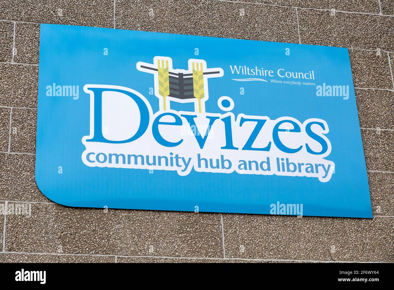 Wiltshire County Council community hub and library sign, Devizes, Wiltshire, England, UK Stock