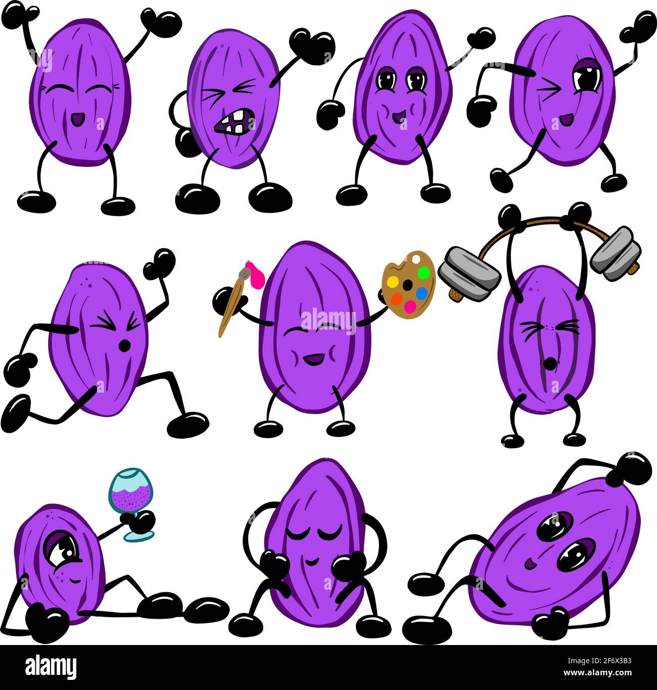 Cartoon Collection of Raisin Berry Characters Drinking Wine Pumping Weights and Being Artistic Stock Vector