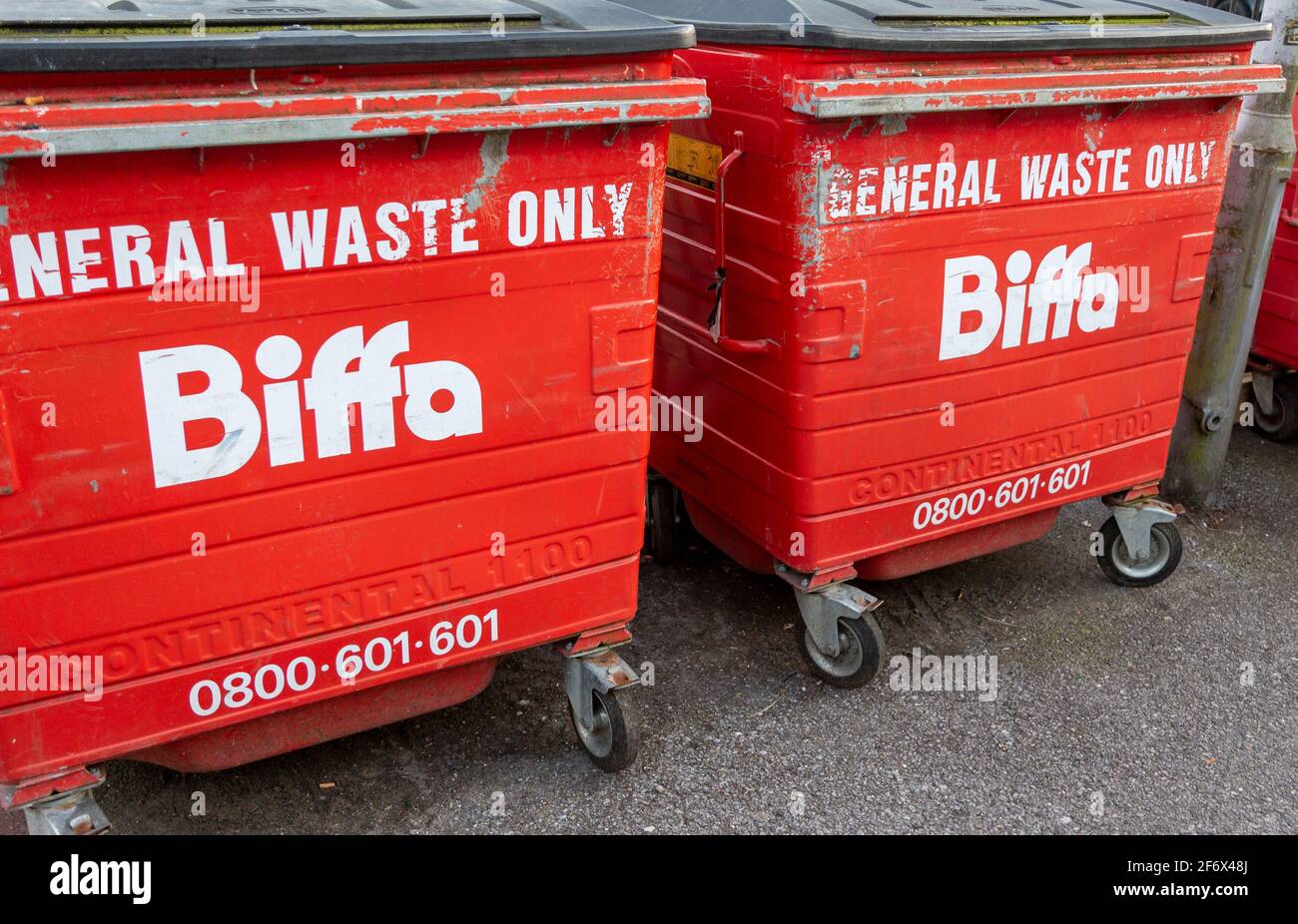 Red Biffa bins for general waste only, Chippenham, Wiltshire,UK Stock Photo