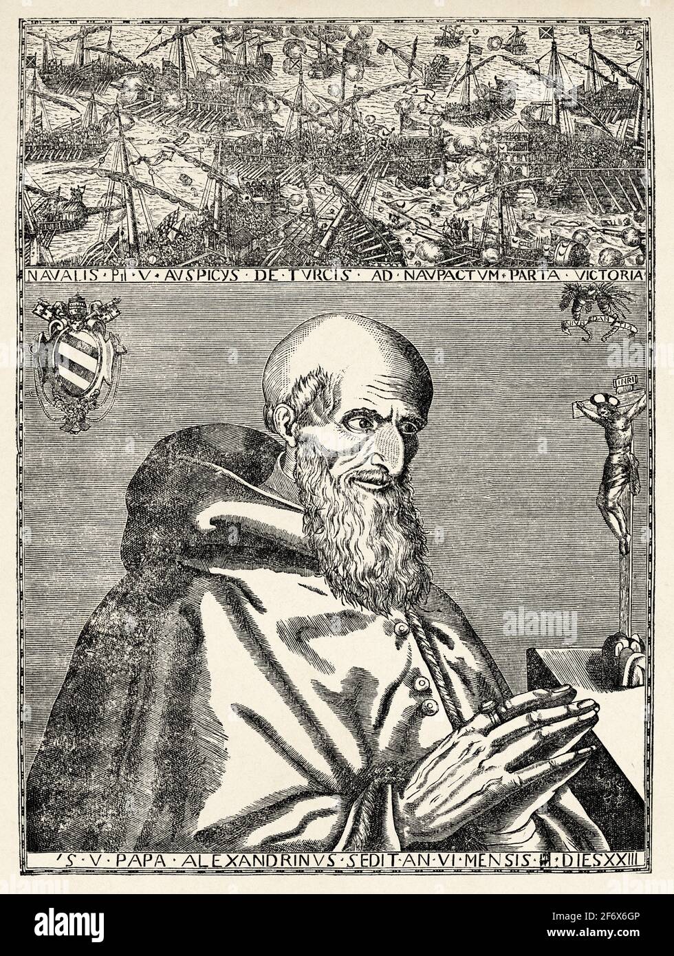 Portrait of Pope Pius V (Bosco 1504 - Roma 1572) Antonio Michele Ghislieri. Old 19th century engraved illustration from Jesus Christ by Veuillot 1890 Stock Photo