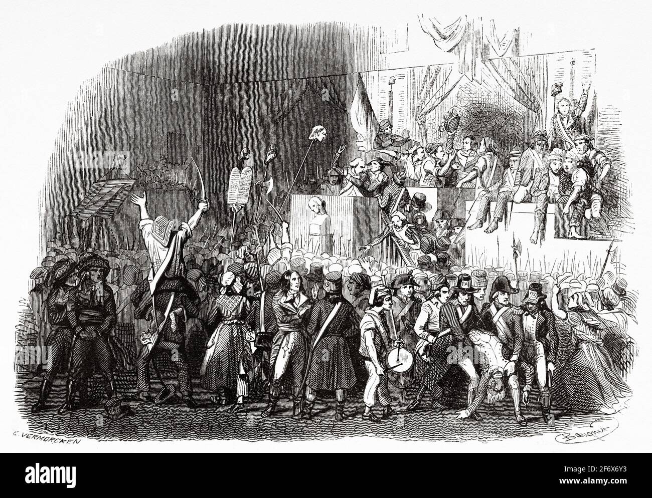 Boissy d'Anglas salutes the head of the deputy Feraud presented to him on a pike, May 20, 1795. France, French Revolution 18th century. Old engraved illustration from Histoire de la Revolution Francaise 1845 Stock Photo