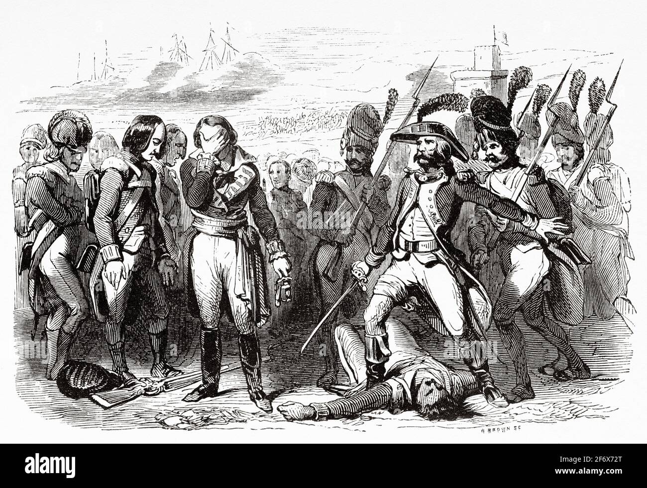 The invasion of France in 1795. The Battle of Quiberon was a major landing on the Quiberon peninsula by counter-revolutionary troops in support of the Chouannerie and Vendée Revolt. France, French Revolution 18th century. Old engraved illustration from Histoire de la Revolution Francaise 1845 Stock Photo