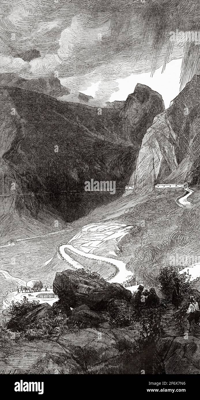 The road over the Alps, Mont Cenis. Savoie, France. Europe. Old 19th ...