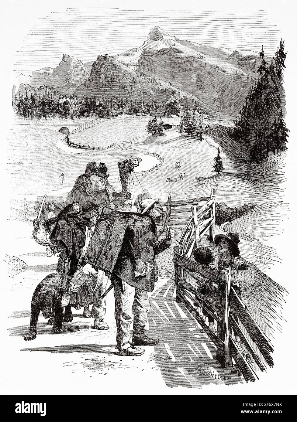 Puppeteers on the old road to Brennero. Trentino-Alto Adige, Italy. Europe. Old 19th century engraved illustration from El Mundo Ilustrado 1879 Stock Photo