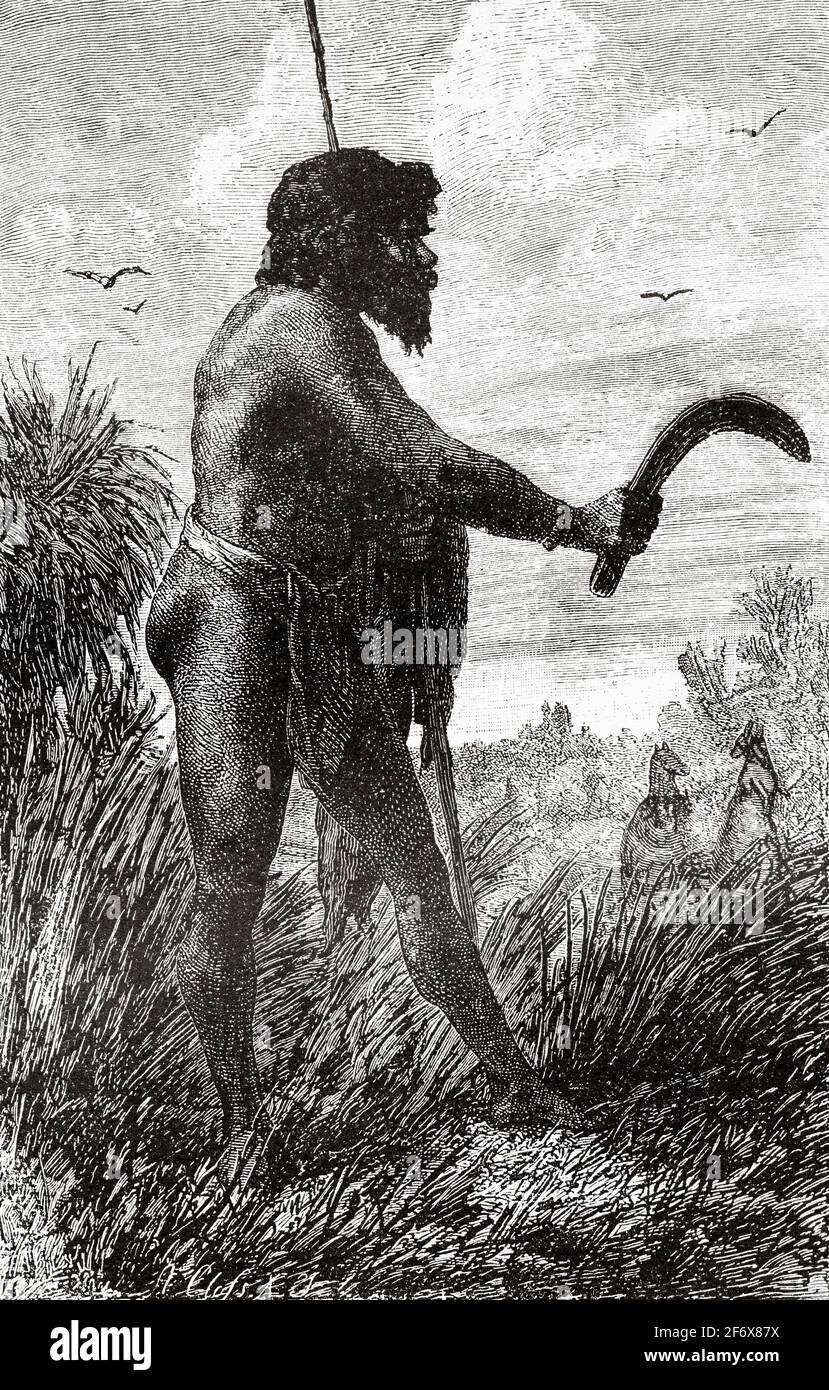 Natives of King George Sound hunting kangaroos with a boomerang, Australia. Old 19th century engraved illustration from El Mundo Ilustrado 1879 Stock Photo