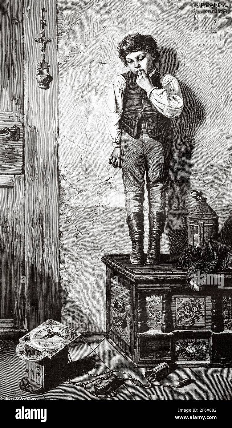 A young child of the 19th century breaks a wall clock. Old 19th century engraved illustration from El Mundo Ilustrado 1879 Stock Photo