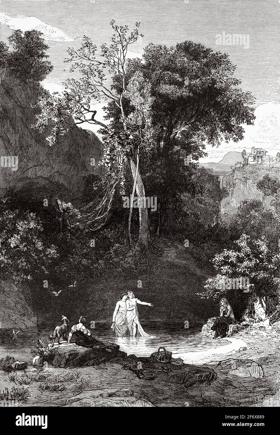 Lago di Levico. Young people bathing in the waters of the Levico Lake in Valsugana, Levico Terme, Trentino Alto Adige, Italy, Europe. Old 19th century engraved illustration from El Mundo Ilustrado 1879 Stock Photo