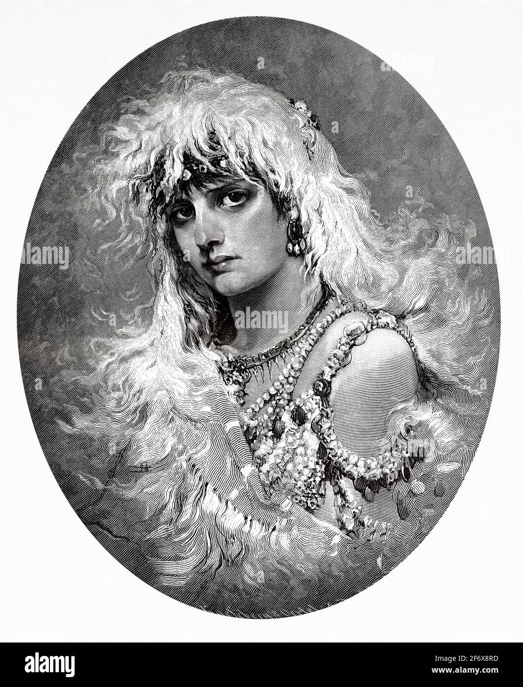 Beautiful young 19th century woman dressed for the new year party. Old 19th century engraved