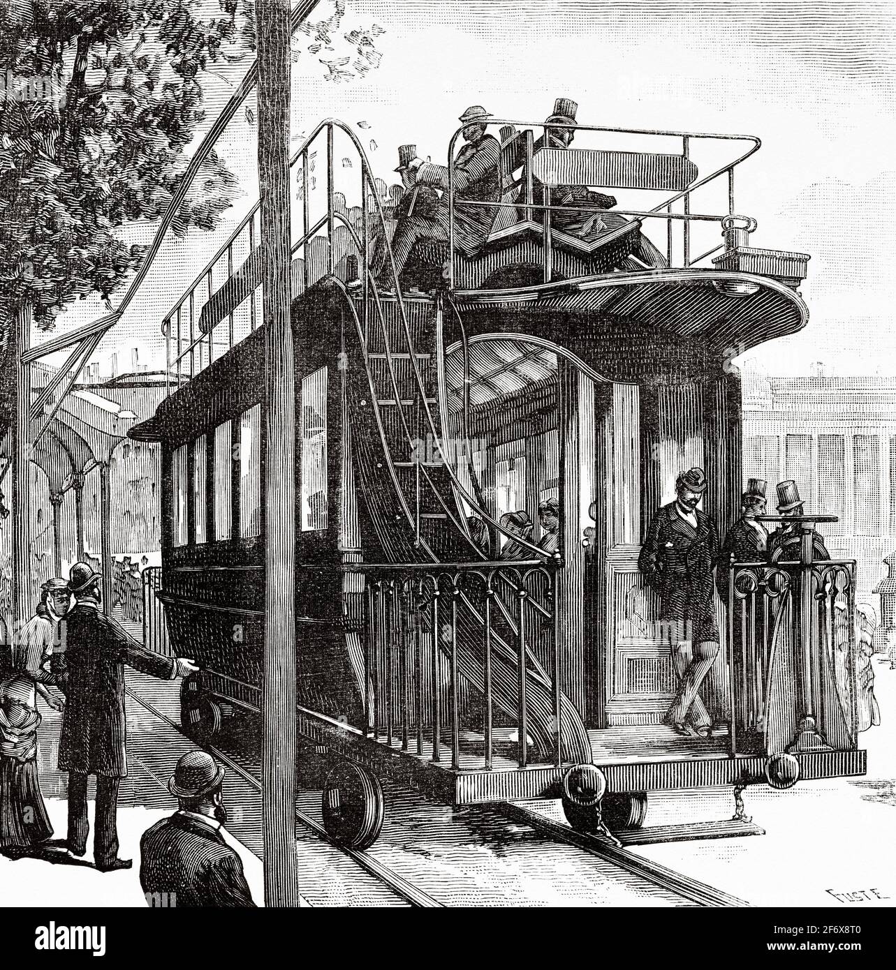 Electric traction at the end of the 19th century. Electric tramway Siemens. Old 19th century engraved illustration from El Mundo Ilustrado 1879 Stock Photo