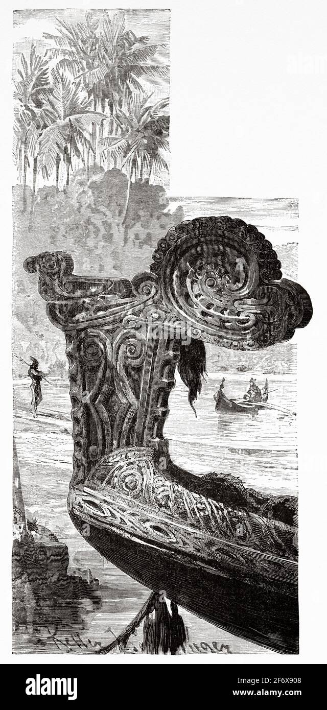Prow of a Papuan war canoe sculpted and adorned with a tuft of human hair, Papua New Guinea. Old 19th century engraved illustration from El Mundo Ilustrado 1879 Stock Photo