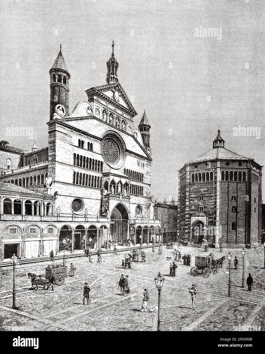 Baptistery and Cathedral, Cremona. Lombardy, Italy. Europe. Old 19th century engraved illustration from El Mundo Ilustrado 1879 Stock Photo