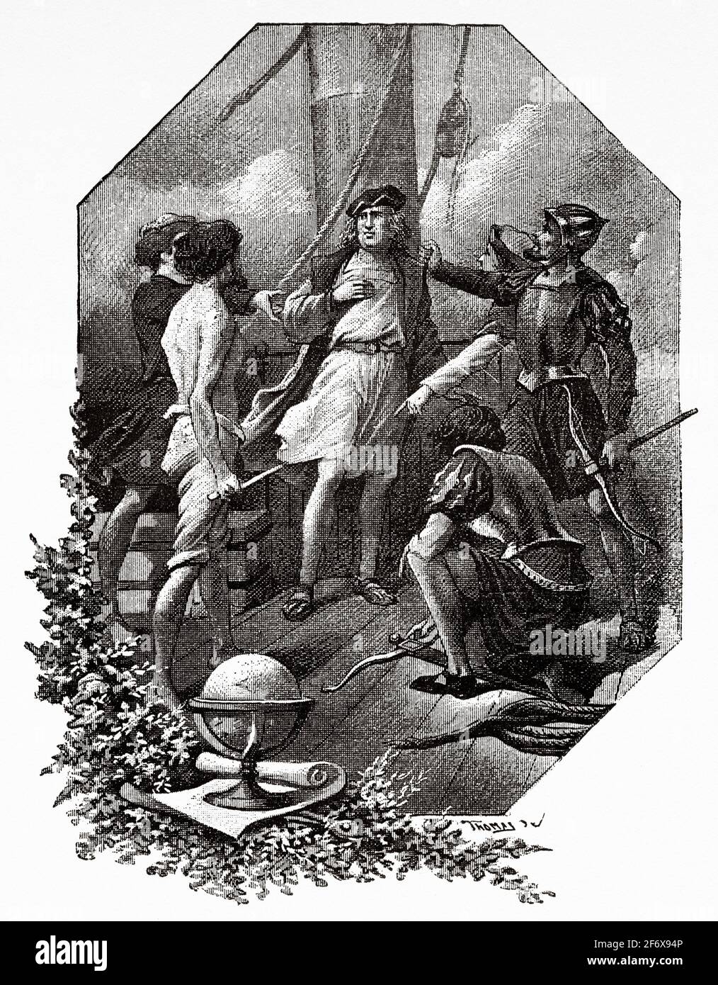 Mutiny of the sailors who accompanied Christopher Columbus on his voyage to discover America in 1492, Spain. Europe. Old 19th century engraved illustration from El Mundo Ilustrado 1879 Stock Photo