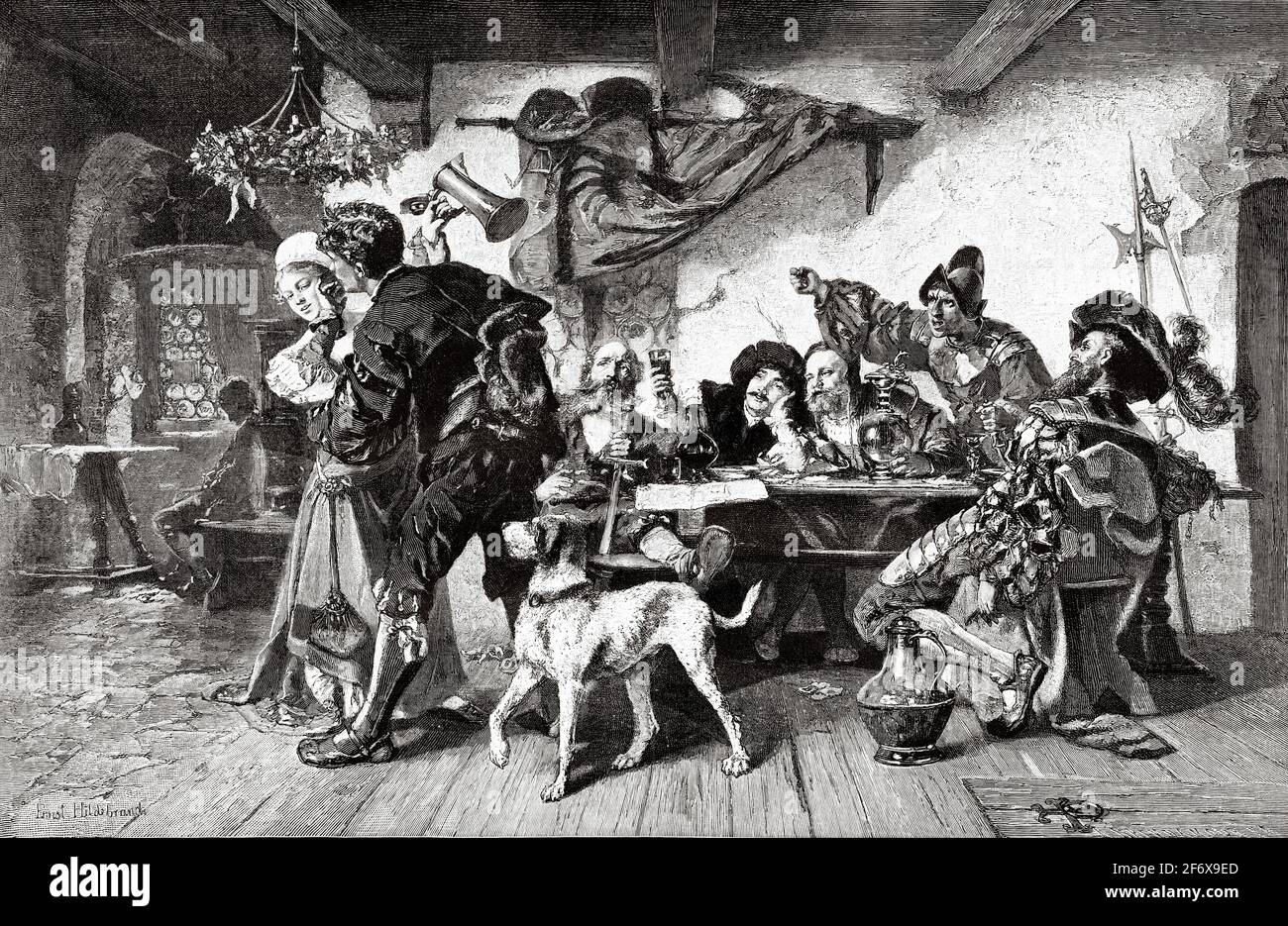 Soldiers of the middle ages drinking eating and having fun in a tavern by Eduard Hildebrandt (1818-1868) German landscape painter. Old 19th century engraved illustration from El Mundo Ilustrado 1879 Stock Photo