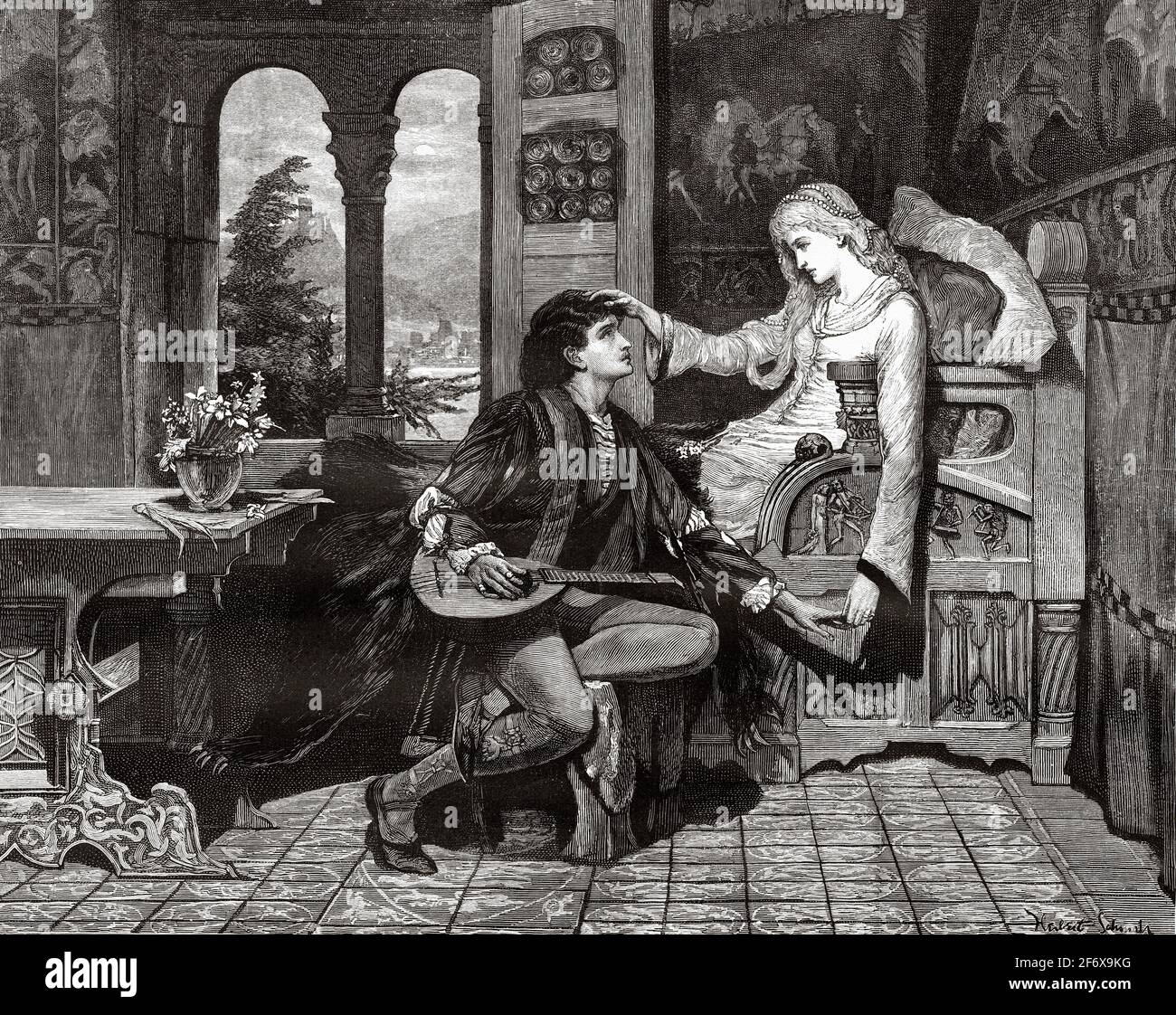 I will always love you. Young woman and troubadour by Herbert Schmalz (1856-1935) English Victorian painter who cultivated Orientalist themes with a certain Pre-Raphaelite aesthetic. Old 19th century engraved illustration from El Mundo Ilustrado 1879 Stock Photo