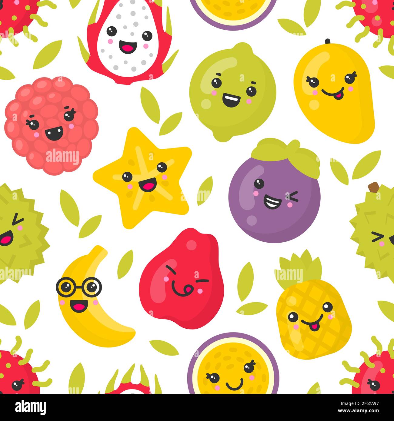 Cute smiling exotic fruits, vector seamless pattern on white background Stock Vector