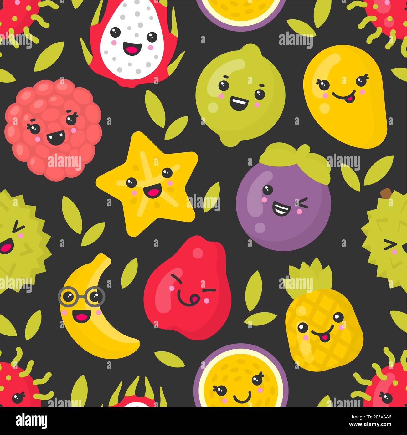 Cute smiling exotic fruits, vector seamless pattern on dark background Stock Vector