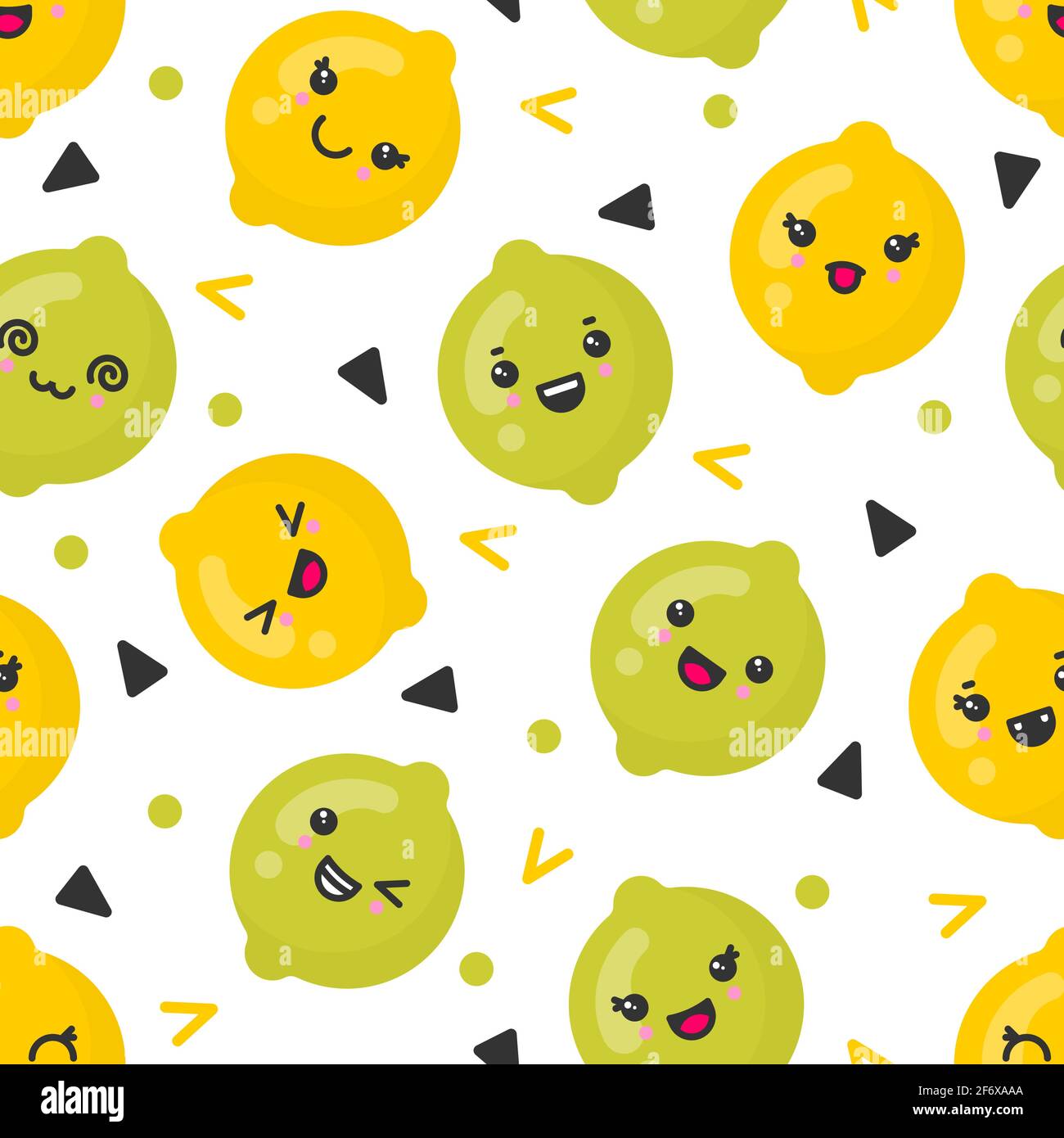 Cute smiling lemon and lime fruits, vector seamless pattern on white ...