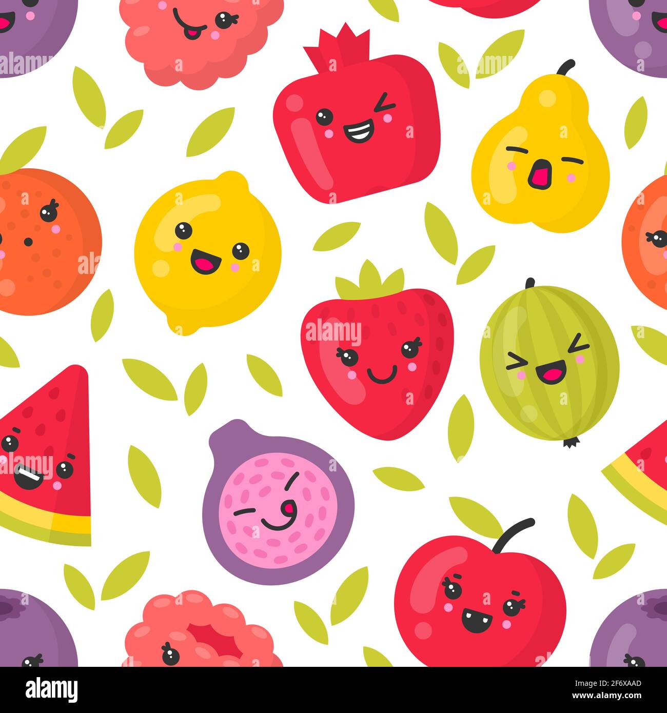Cute smiling fruits, vector seamless pattern on white background Stock Vector