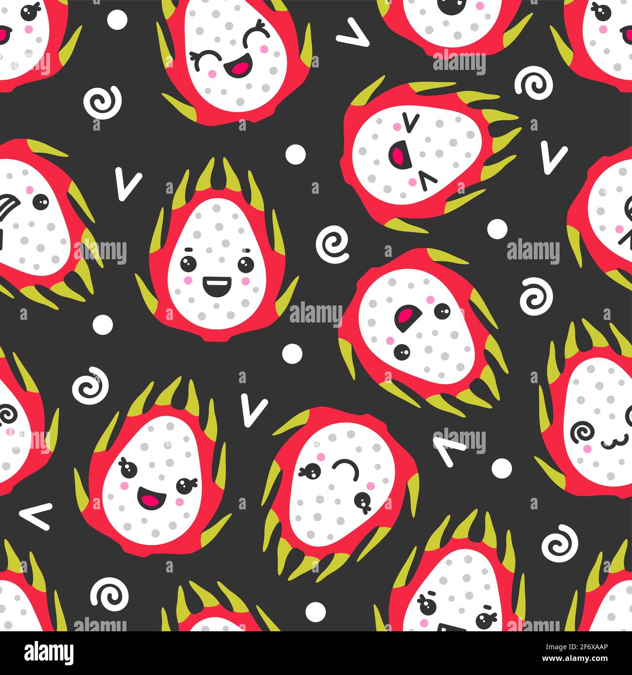 Cute smiling dragon fruits, vector seamless pattern on dark background Stock Vector